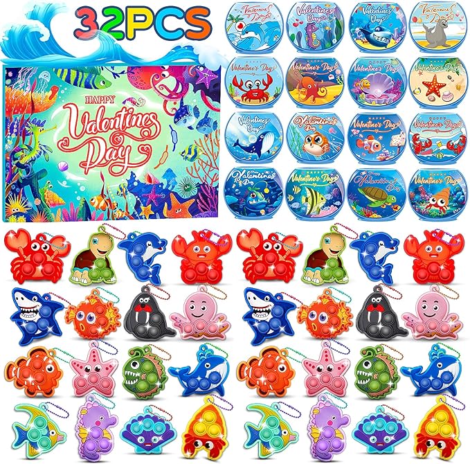 32 PCS Valentines Day Gifts for Kids,Valentines Cards for Kids Classroom with Sea Animal Pop Fidget Toys,Valentines Exchange Gifts for Classroom,Valentines Party Favors for Boys Girls