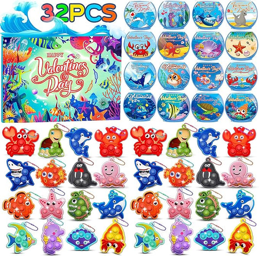 32 PCS Valentines Day Gifts for Kids,Valentines Cards for Kids Classroom with Sea Animal Pop Fidget Toys,Valentines Exchange Gifts for Classroom,Valentines Party Favors for Boys Girls