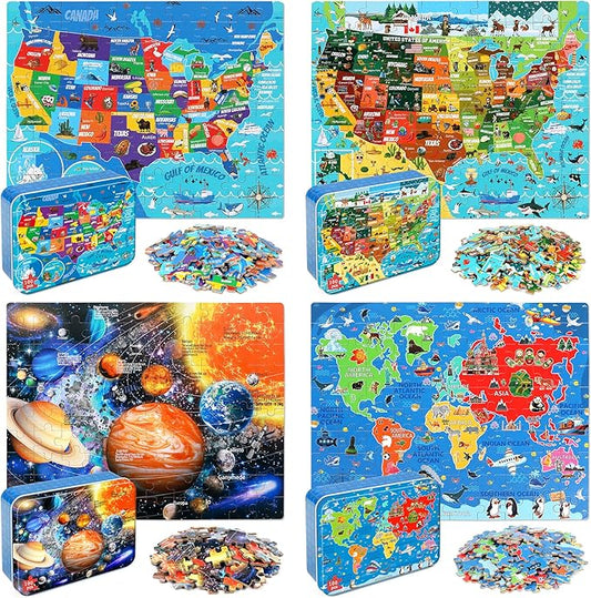 LELEMON 100 Pieces Puzzles for Kids Ages 4-8, 4 Set Kids Puzzle Ages 6-8,United States World Solar System Children Learning Educational Puzzless Toys for Boys and Girls