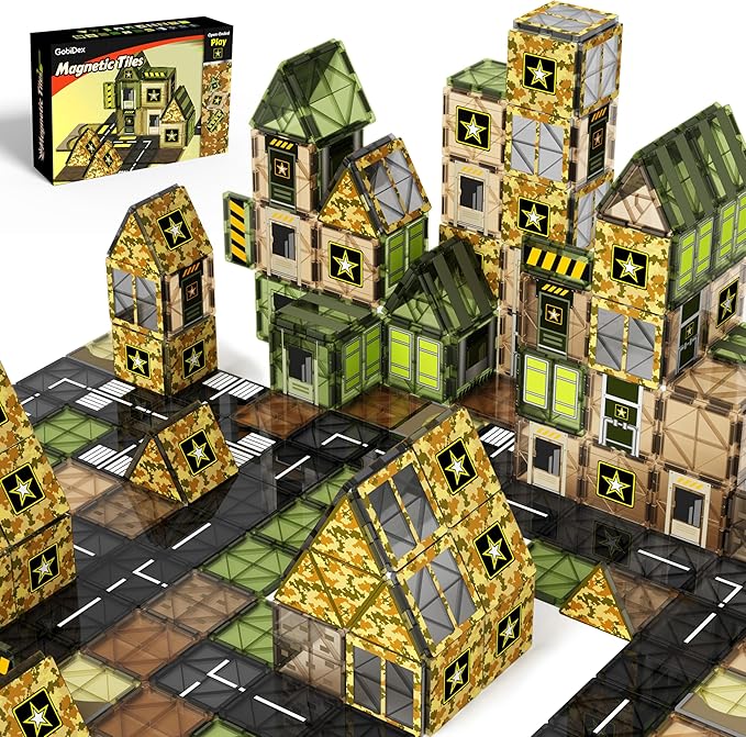 GobiDex Army Magnetic Tiles Road Set Building Toys for Boys 3+ Year Old, STEM Military Magnetic Blocks for Toddlers Construction Toys, Sensory Magnets for Kids Birthday Gifts Boys & Girls 48PCS