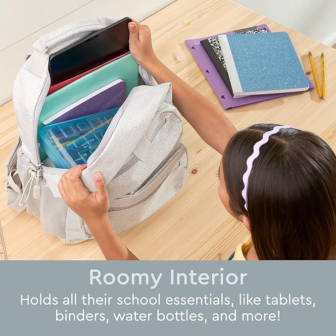 Bentgo Kids Glitter Backpack - Lightweight 14” Backpack for School, Travel & Daycare, Ideal for Ages 4+, Durable & Water-Resistant, Roomy Interior, & Loop for Lunch Bag (Glitter Edition - Silver)