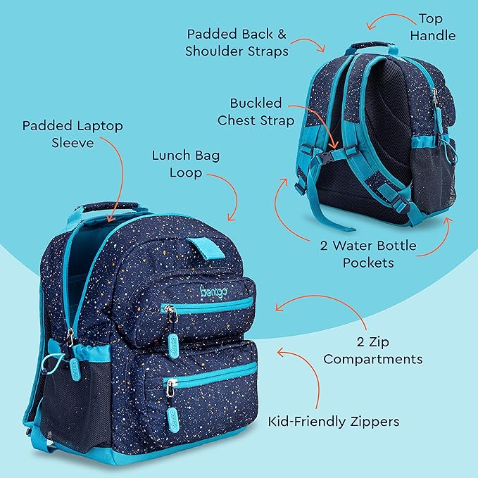 Bentgo Kids Confetti Backpack - Lightweight 14” Backpack for School, Travel & Daycare, Ideal for Ages 4+, Durable & Water-Resistant, Roomy Interior, & Loop for Lunch Bag (Confetti Edition-Abyss Blue)
