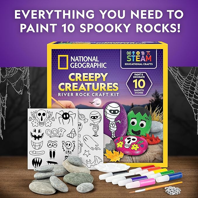 NATIONAL GEOGRAPHIC Creepy Creatures Rock Painting Kit - Halloween Arts & Crafts Kit for Kids, Decorate 10 River Rocks with 10 Paint Colors & More Spooky Art Supplies, Halloween Gifts for Kids