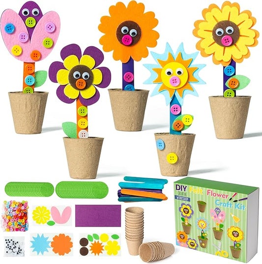 WATINC Mother's Day Spring Felt Flower Craft Kits - Make Your Standing Flowers Gift Crafts with Buttons Flower Pot Decor, DIY Flowers Decorations Home School Fun Activities for Mom Kids (24Pcs)