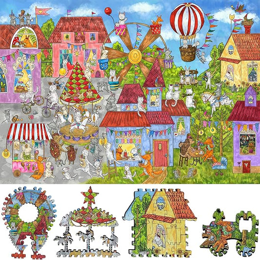 Wooden Puzzle for Adults - Uniquely Shaped Pieces - Made in The USA by FoxSmartBox - 425 Pieces - Busy Town