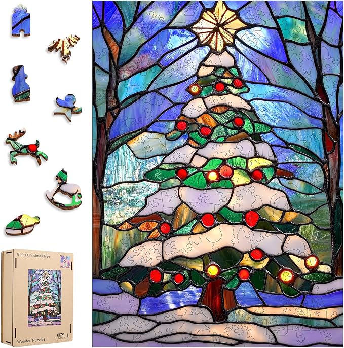 Wooden Puzzles for Adults, Christmas Tree Puzzles 498 Pieces, Unique Shaped Stained Glass Jigsaw Puzzles for Adults and Kids, Birthday Gifts Fun Challenge Family Game 17.3'' x 12.2''