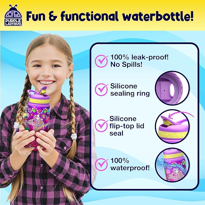 PURPLE LADYBUG Decorate Your Own Water Bottle Kit for Girls - Unicorn Design with Glitter Gem Stickers, Gifts for Girls Ages 5-8-10 Years Old Birthday, Fun Craft for Kids, Christmas Gifts Girl