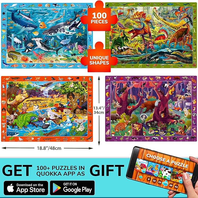 QUOKKA 100 Piece Puzzles for Kids Ages 4-6 - 4 Jigsaw Puzzles for Kids Ages 6-8 - Search and Find Game with Animals, Dinosaurs for Childrens 5-8 - Learning Educational Toys for Boys and Girls 8-10