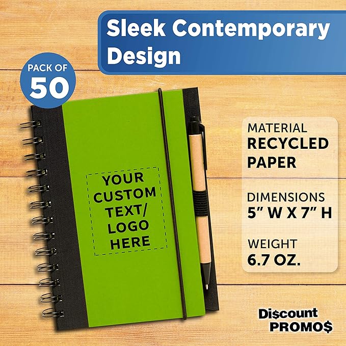DISCOUNT PROMOS Custom Eco Block Notebooks with Pens Set of 50, Personalized Bulk Pack - Perfect for School, Office, Business, Home - Lime Green