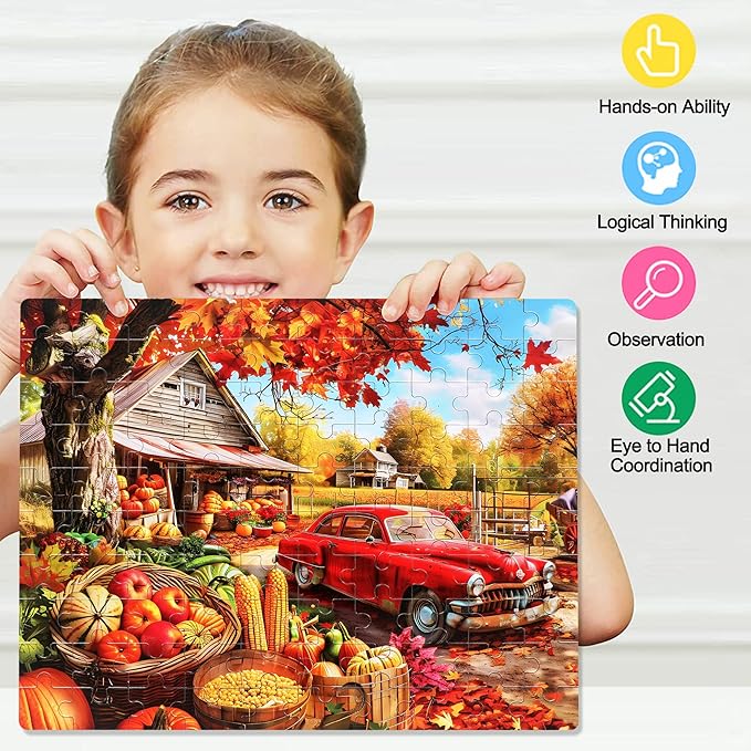LELEMON Autumn Jigsaw Puzzles in a Metal Box 100 Pieces Autumn Pumpkin Red Car Maple Leaves Jigsaw Puzzle for Kids Ages 4-8 Children Learning Educational Puzzles Toys