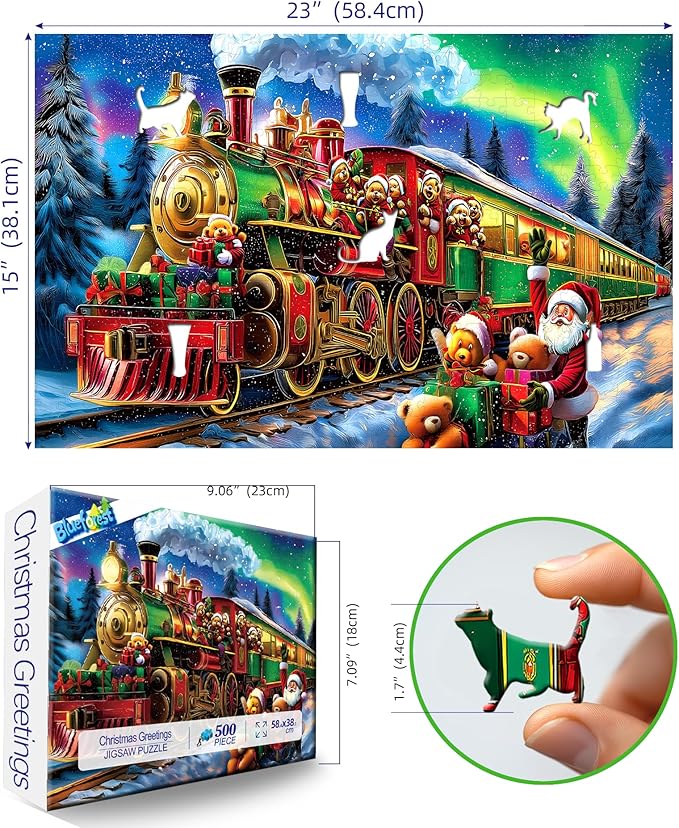 Christmas Train 500 Piece Jigsaw Puzzle for Adults Holiday Northern Lights Winter Town Scene Santa Puzzle Cute Bears Festive Fun Gift Family Games for Adults Seniors & Families (23x15in)