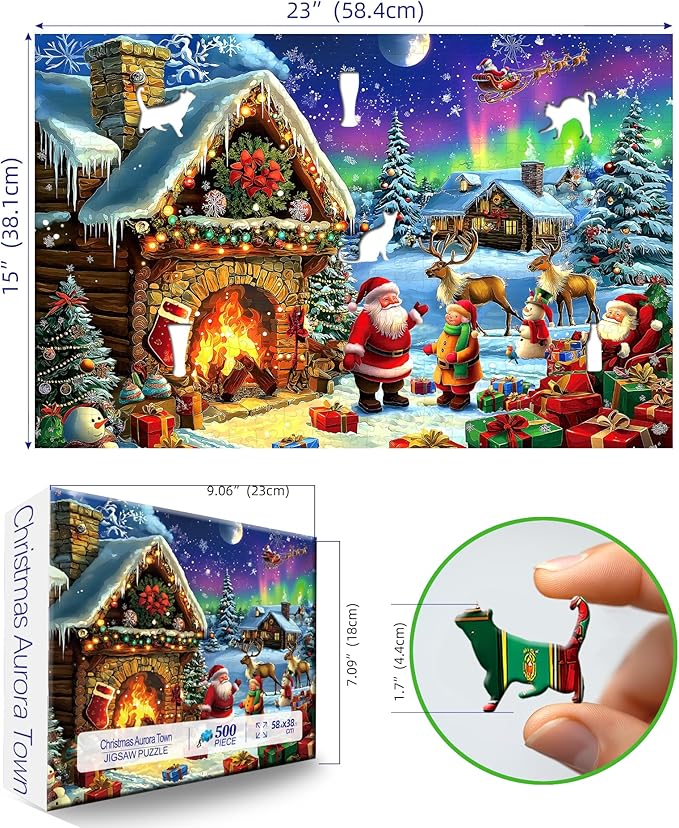 Christmas 500 Piece Jigsaw Puzzles for Adults Northern Lights Cabin Puzzle Santa Reindeer Scene Winter Holiday Landscape Puzzle with Letters on Back Art Fun Festive Gift for Family Seniors (23x15in)