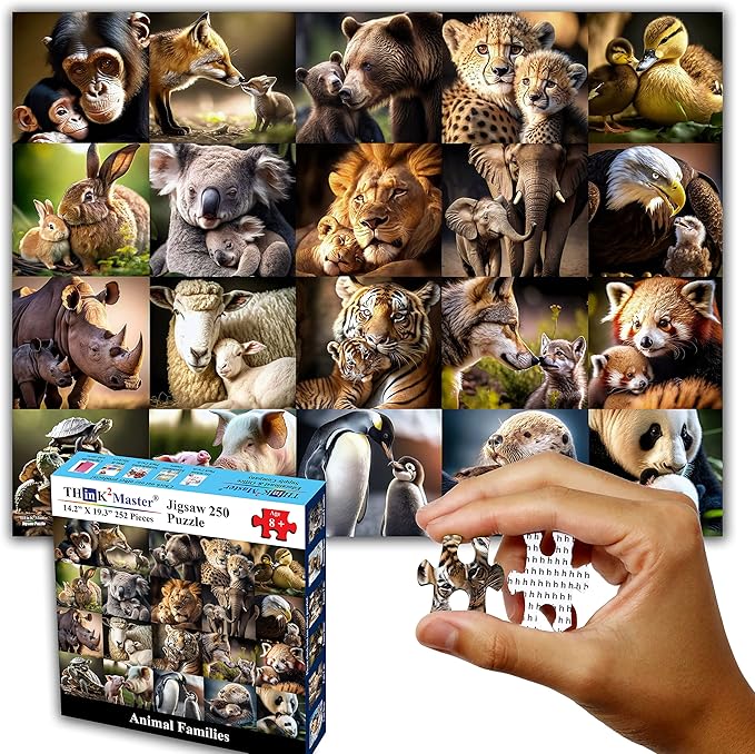 Think2Master Animal Families 250 Pieces Jigsaw Puzzle Featuring heartwarming Parent and Child Pairs. Fun Toy for Kids, School & Families. Great Gift for Boys & Girls Ages 8+. Size: 14.2” X 19.3”
