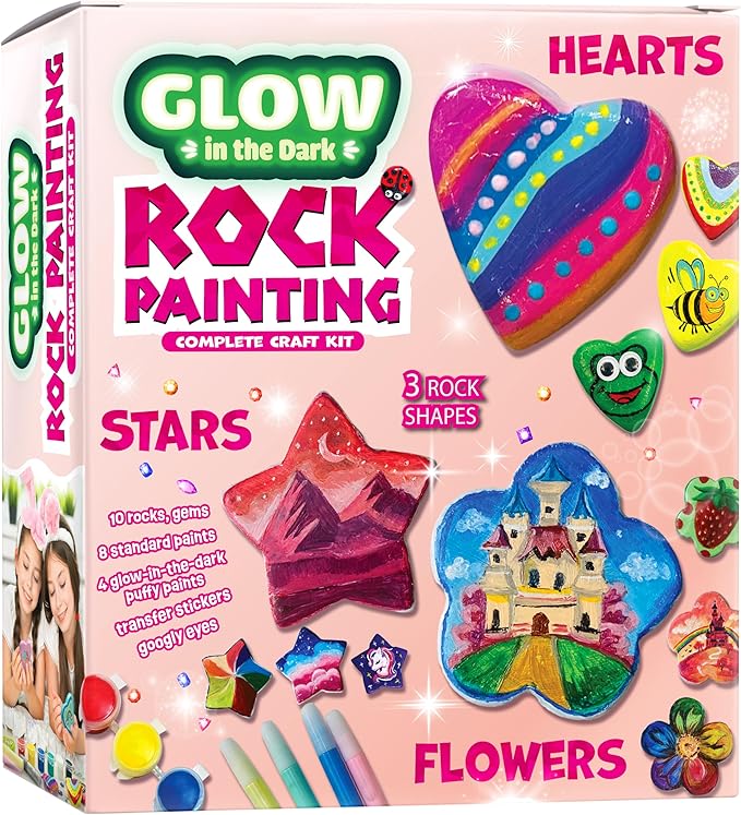 Heart, Flower & Star Shaped Rocks - Glow in The Dark Rock Painting Kit for Kids - Arts & Crafts Toys for Kids Ages 6-12 - Valentines Day Craft Kits - Birthday Gifts for 6 7 8 9 10 11 12 Year Old Girls