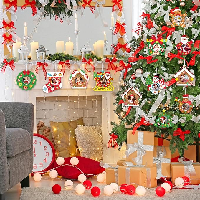 24 PCS Christmas Picture Frame Ornaments Paper DIY Photo Frame Craft Set Hanging Decorations For Christmas Tree Decor (Cute)
