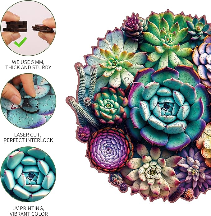 Mys Aurora Puzzles for Adults 1000 Pieces, Mandala Succulent Plants Wooden Puzzles Unique Shaped Jigsaw Challenging Puzzle Gift for Family Game 23.4'' x 22.6''
