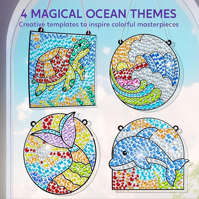 Klever Kits Diamond Art Kits for Kids, 4PCS Gem Painting Kit, Window Art Suncatchers Mosaic Kits Crafts for Girls Boy Birthday Gifts Toys Age 6+