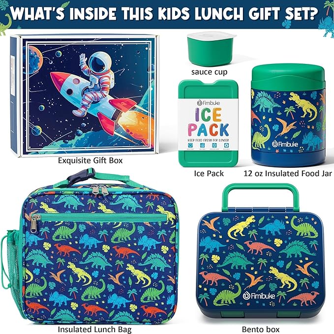 Fimibuke Bento Lunch Box for Kids with Thermos, 3-Compartment 32OZ Snack Lunch Container, Lunch Bag, 12OZ Insulated Food Jar & Ice Pack Set for Age 3-12 School Daycare Toddler Teen Girl Boy, Dinosaur