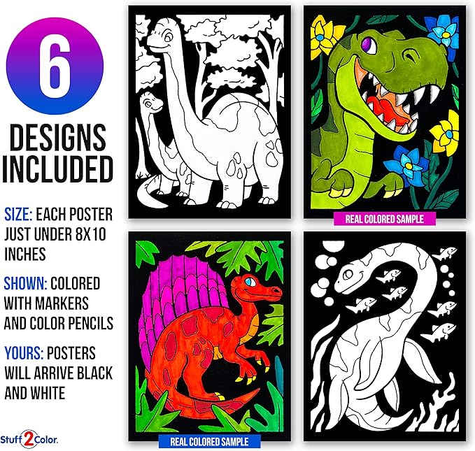 Dinosaurs - 6 Pack of Fuzzy Velvet Coloring Posters for Kids, Toddlers, Girls, and Boys (All Ages Arts and Crafts Activity) - Includes T-Rex, Stegosaurus - Perfect for Vacation Travel or Plane