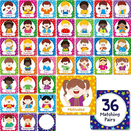 72 PCS Emotions Matching Game, 36 Pairs Feelings Memory Matching Cards Emotional Learning Activities Calm Down Corner Supplies for Baby Toddler Pre-K Preschool Kindergarten Autism ADHD