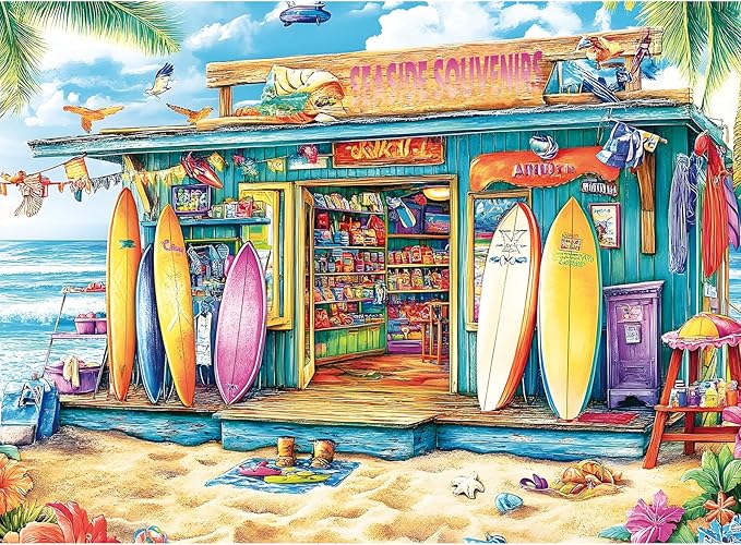 500 Piece Puzzles for Adults, Seaside Souvenir Shop Jigsaw Puzzle with Surfboards, Adult Jigsaw Puzzle for Relaxation and Gift, Coastal Scene Puzzle Game for Adults, Kids and Seniors, 20.5" x 15"