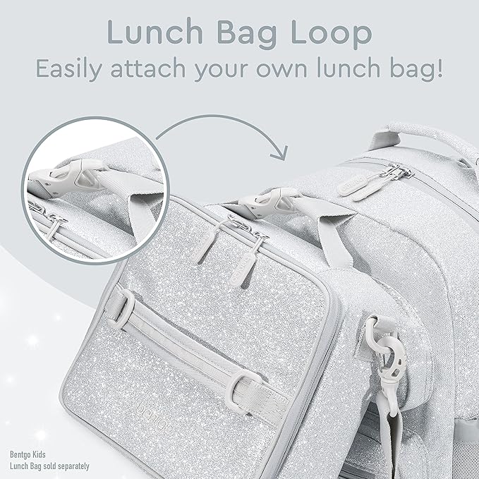Bentgo Kids Glitter Backpack - Lightweight 14” Backpack for School, Travel & Daycare, Ideal for Ages 4+, Durable & Water-Resistant, Roomy Interior, & Loop for Lunch Bag (Glitter Edition - Silver)