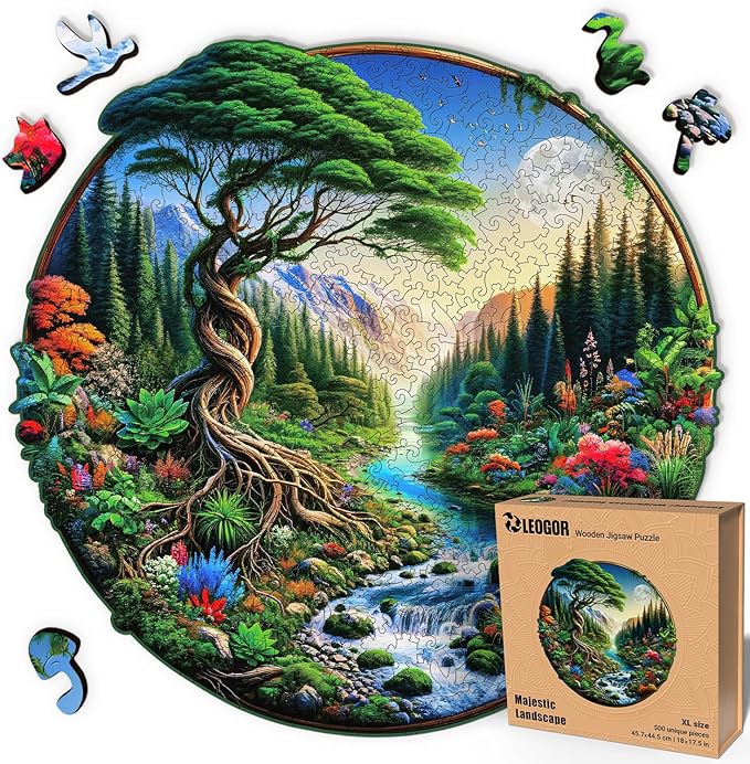 LEOGOR 500 Piece Wooden Puzzles for Adults (18 x 17.5 in), Extra-Thick 5mm Wood, Round Majestic Landscape Puzzle with Unique Nature-Inspired Shapes, Challenging, Premium Gift for Puzzle Lovers