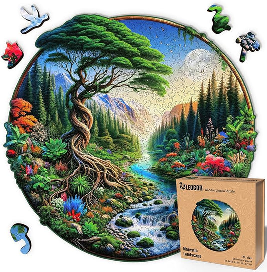 LEOGOR 500 Piece Wooden Puzzles for Adults (18 x 17.5 in), Extra-Thick 5mm Wood, Round Majestic Landscape Puzzle with Unique Nature-Inspired Shapes, Challenging, Premium Gift for Puzzle Lovers
