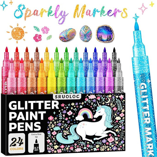 Glitter Markers Pens, 24 Colors Glitter Paint Pens Set Acrylic Sparkle Markers Teen Art Supplies for Scrapbooking, Cards, DIY Crafts, Adults Coloring, Extra-Fine Tip 0.7mm