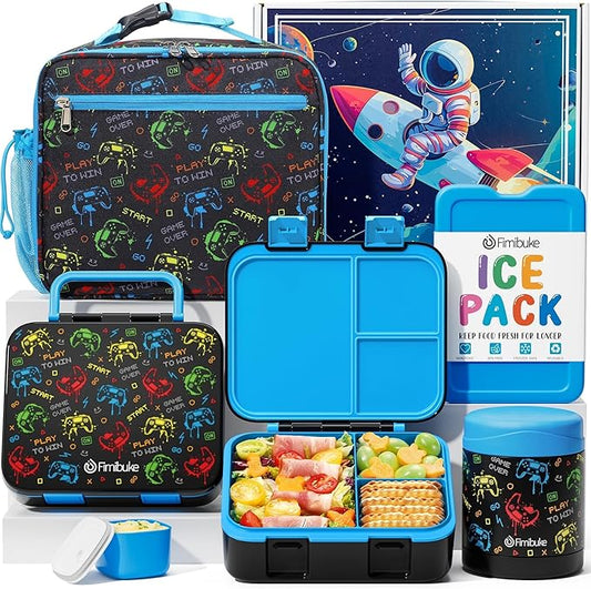 Fimibuke Bento Lunch Box for Kids with Thermos, 3-Compartment 32OZ Snack Lunch Container, Lunch Bag, 12OZ Insulated Food Jar & Ice Pack Set for Age 3-12 School Daycare Toddler Teen Girls Boys, Gamepad