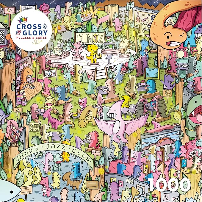 Cross & Glory - Jurassic Jive: A Night of Dino Jazz - 1000 Piece Jigsaw Puzzle for Adults & Kids 12+ & Kids | Whimsical Prehistoric Jazz Club Theme with Colorful Dinosaurs