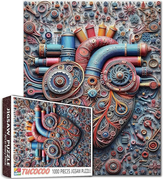Mechanical Heart 1000 Piece Jigsaw Puzzles for Adult Steampunk Style Heart Painting Jigsaw Puzzle Human Anatomy 1000 Pieces Puzzles Game Wall Decor Body Organ DIY Craft Puzzle Art Biology Gift(Red)