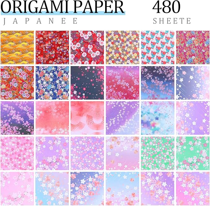 480 Pcs Japanese Origami Paper Double Sided Sakura Square Sheet 5.9 x 5.9 Inch Cherry Blossom Scrapbook Paper for Kids Beginner Arts Crafts Projects