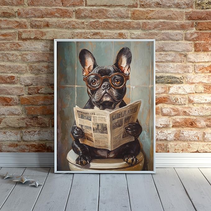 French Bulldog on Toilet Jigsaw Puzzle 1000 Pieces for Adults - Quirky Dog Reading Newspaper with Glasses - 1000pc Dog Bathroom Decor Puzzles (50x70cm / 19.685"x27.559")