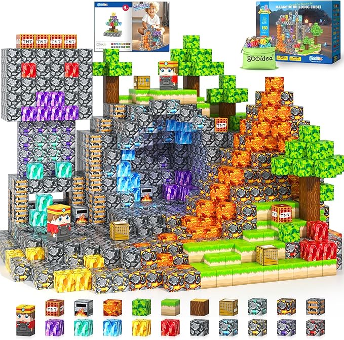 Magnetic Blocks -150 Magnetic Building Blocks STEM Toy, Stacking Mine Magnet World Craft Cubes for Kids, Game Gift for Boys Girls Age 3-5 5-7 4-8 8-12