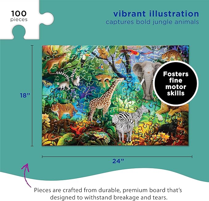 Crocodile Creek 100-Piece Jigsaw Puzzle for Kids Ages 5 and Up - Fun and Educational Table or Floor Holographic Foil Puzzle - Heavy-Duty Box for Storage - Jungle Paradise - 24" x 18" Finished