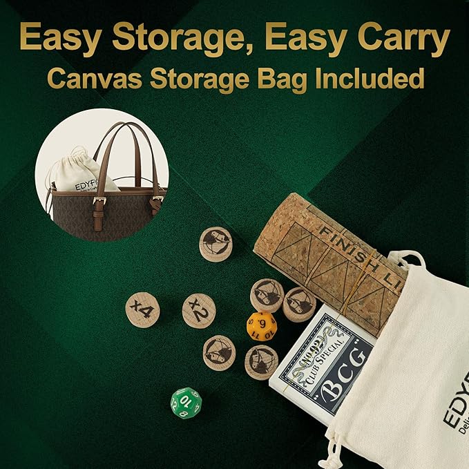 Horse Race Board Game, Portable Horse Racing Game with Rollable Cork Mat, 12 Solid Wooden Horses, 2 D12 & Cards, Travel Horse Game with Storage Bag, Travel Board Games for Family Nights Party Gifts