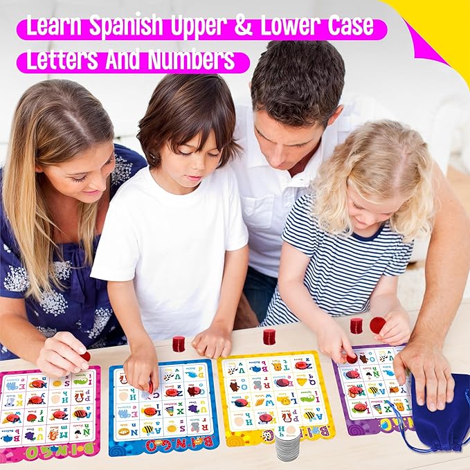 Spanish Bingo Game, 12 Bingo Board Spanish Letters, Numbers & Words Vocabulary Game, Early Educational Toys for Learning - Ages 4 and up, Perfect for Classroom & at Home (Up to 12 Players)