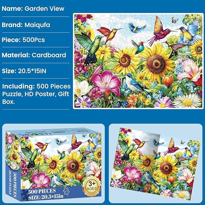500 Pieces Puzzle for Adults - Summer Birds Garden Jigsaw Puzzle for Adults Kids Teens,Recycled Cardboard Hummingbird Flowers Puzzle 500 Pieces,Challenging Game for Family Fun & Gift Idea,20.5 x 15 in