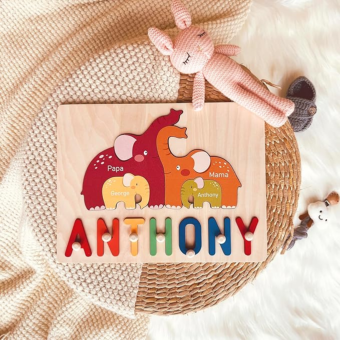 Personalized Baby Name Puzzle | Custom Wooden Baby Toy for Toddlers 1-3 Age 3+ | Montessori Learning Toys for Boys & Girls | Perfect Kids Gift for First Birthdays & Christmas (Elephants)