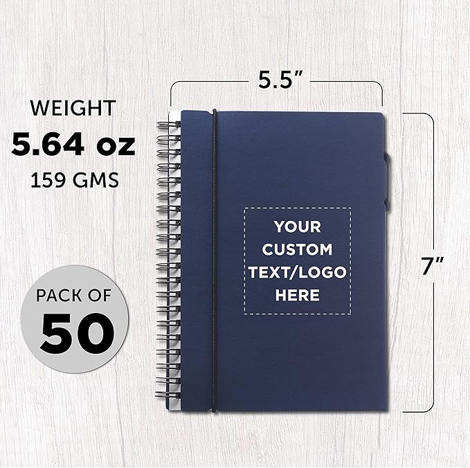 DISCOUNT PROMOS Custom Spiral Notebooks with Elastic Closure Set of 50, Personalized Bulk Pack - Perfect for School, Office, Business and More - Navy Blue