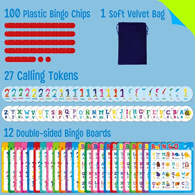 Spanish Bingo Game, 12 Bingo Board Spanish Letters, Numbers & Words Vocabulary Game, Early Educational Toys for Learning - Ages 4 and up, Perfect for Classroom & at Home (Up to 12 Players)
