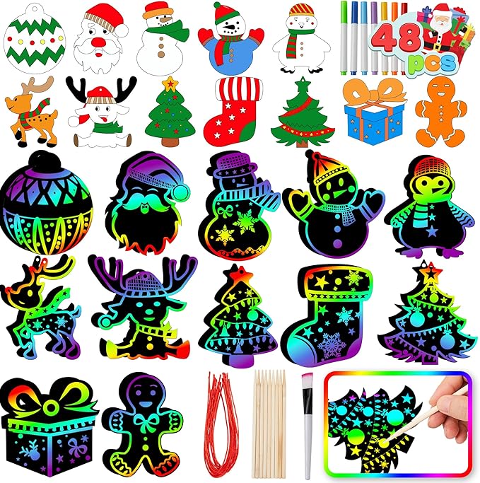 JOYIN 48 Pcs Christmas Scratch Art Ornaments, Rainbow Color Scratch Paper in Front Side & Coloring Card in Back Side, Scratch Off Kids Party Favors Supplies, Holiday DIY Art Craft Kit Activities Gifts
