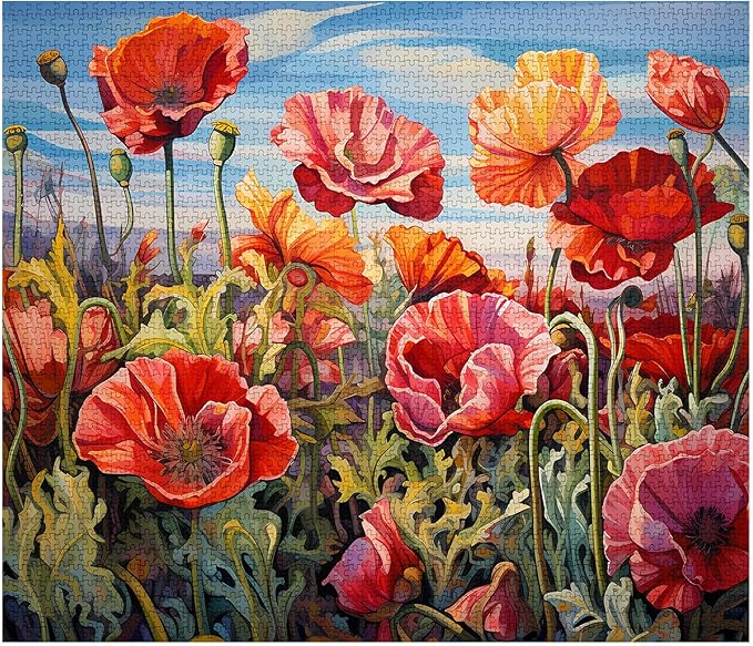 Tucocoo 1000-Piece Jigsaw Puzzle - Poppy's Flowers in a Floral Scenery - Art Deco Style - Unisex - Flowering Shrubs 03 - 27.56" x 19.69" - Ages 14+