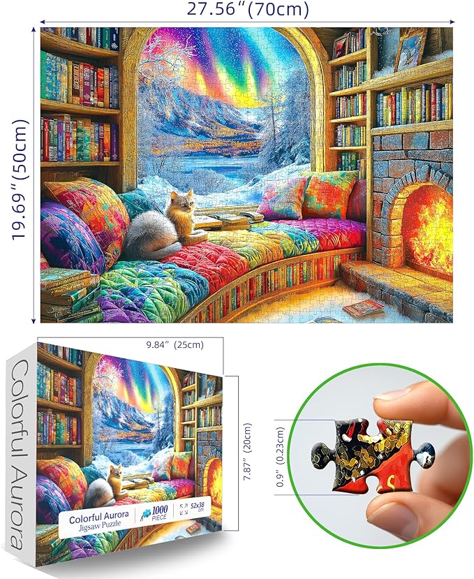 Northern Lights Landscape Jigsaw Puzzles for Adults Fantasy Fairy Cat 1000 Piece Book Room Puzzle for Adults with Letters on Back Challenging Family Puzzle