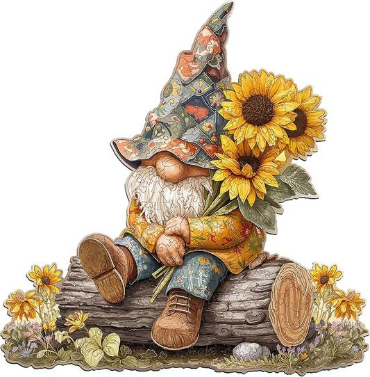 Wooden Puzzles for Adults, Sunflower Gnome Wooden Jigsaw Puzzle for Adults, Colorful Flowers Wood Puzzles Adult, Unique Shape, Fun Presents for Friends, Wall Art Home Decor(S -8.3 * 8.5in-102 pcs)