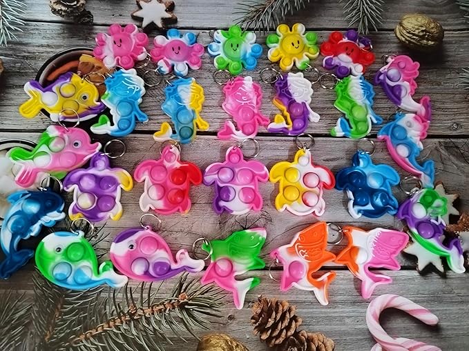 26 Packs Bluk Octopus fishs dolphins turtles sharks whales mini Pop Keychain,Birthday Party Favors Supplies Classroom summer students Prize