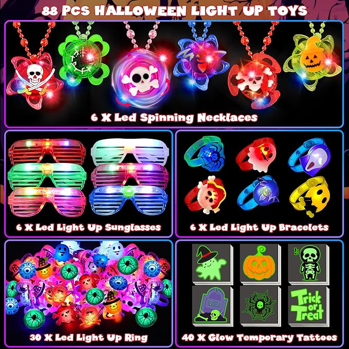 88 Pcs Halloween Party Favors for Kids, Halloween Glow in The Dark Toys Bulk Light Up Rotating Necklaces LED Glasses Bracelet Ring Halloween Treats Classroom Prizes Goodie Bag Fillers Trick or Treat