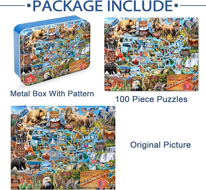 LELEMON Puzzles for Kids Ages 4-6,National Parks Map 100 Piece Puzzles for Kids Ages 4-8 in a Metal Box,Educational Jigsaw Puzzles 100 Piece Puzzle Games Puzzle Toys for Girls and Boys