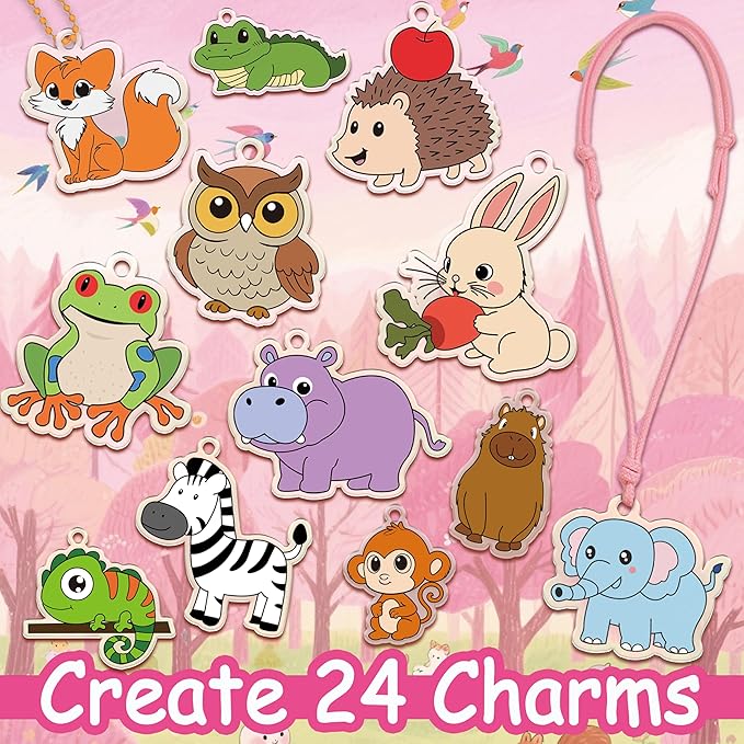 Shrink Fun 75PCS Shrinky Dinks Sheets Craft Kits for Kids, Includes 24 Pre Cut Forest Animal Charms, 24 Learning Cards and More, Keychain&Necklace Making Kit for Girls, Ideal Party Favor Age 6+